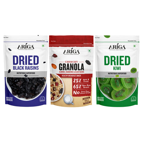 Ariga Foods combo pack with black raisins, granola, almonds and dried kiwi