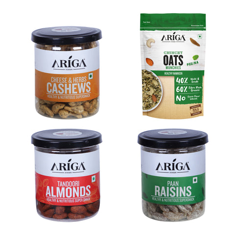 Ariga Foods Cheese & Herbs Cashews with Oats, Tandoori Almonds, Paan Raisins combo pack for good health
