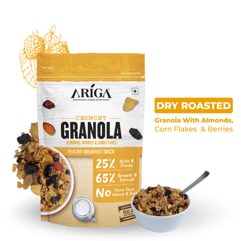 Crunchy granola almonds berries corn flakes breakfast cereal by Ariga Foods