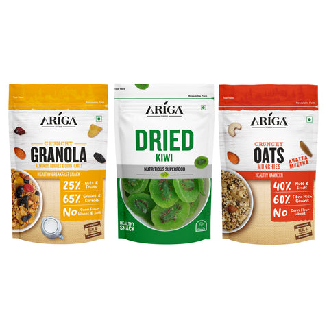 Ariga Foods healthy breakfast combo pack with granola cornflakes kiwi oats namkeen