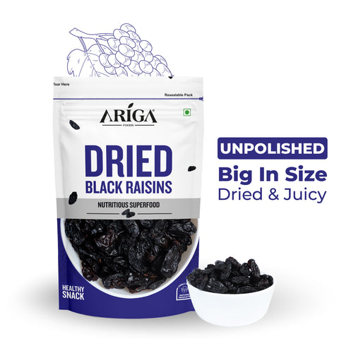 Premium Afghani black raisins 200g pack by Ariga Foods dried fruit