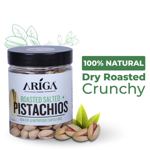 Premium roasted salted pistachios 200g jar by Ariga Foods crunchy pista snack