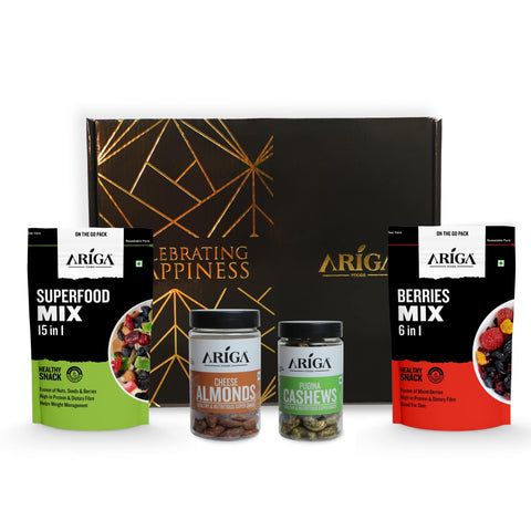 Gratitude Diwali Gift Box Pack Of 4 | Roasted- Cheese Almonds, Pudina Cashews, Superfood Trail Mix- 15 in 1, Dried Berries Mix- 6 in 1 | Premium Gift Pack Of 680g | For Family, Friends, Corporates | Ariga Foods