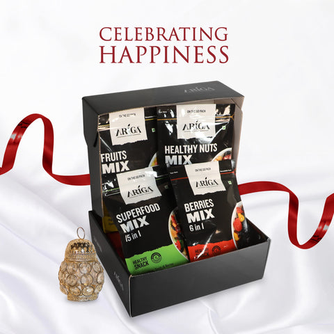 Trail Mix Diwali Gift Box Assorted Mix of Nuts, Seeds & Berries | 4 Packs 800g | Ariga Foods