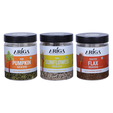 Ariga Foods Raw Pumpkin Seeds, Sunflower Seeds & Roasted Flax Seeds | Combo Pack Of 3
