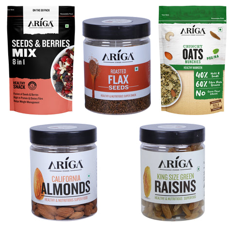 Ariga Foods Seeds & Berries Mix, Flax Seeds, Oats Namkeen, Almonds & Raisins | Combo Pack of 5
