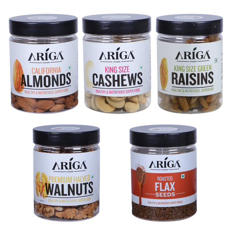 Healthy combo pack with almonds, cashews, raisins, walnuts, flax seeds by Ariga Foods