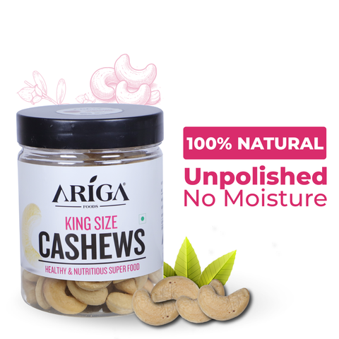 Ariga Foods king size cashews 200g premium kaju W240 grade in reusable jar