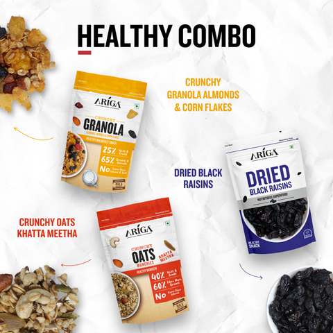 nutritious breakfast combo including granola cornflakes oats and namkeen snack mix