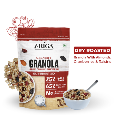 Crunchy granola almonds and cranberries breakfast cereal healthy snack pack