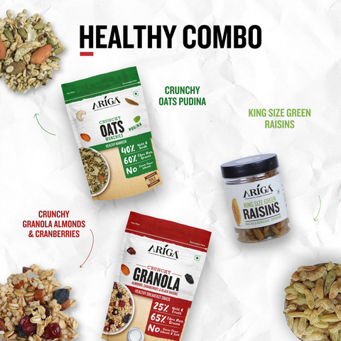 Healthy granola with almonds raisins oats rich fiber breakfast snack