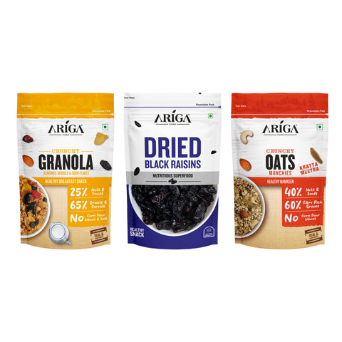 Ariga Foods healthy breakfast combo pack with granola cornflakes raisins oats namkeen