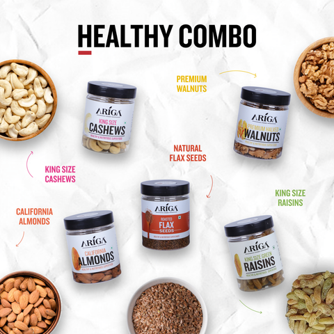 Buy Premium almonds, cashews, raisins, flax seeds & walnuts combo from Ariga Foods for healthy snacking