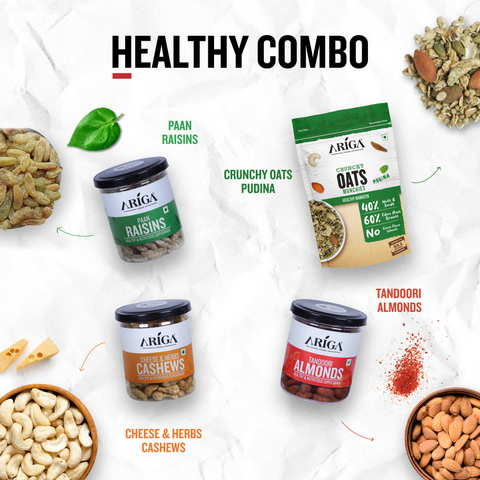 Best crunchy Tandoori Almonds with osts cashews and raisins from Ariga Foods combo pack