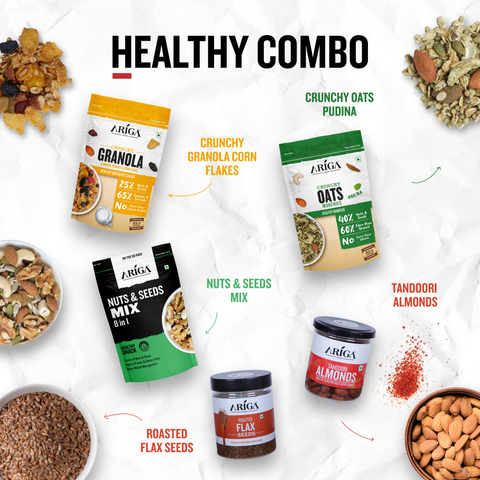Ariga Foods Healthy and crunchy granola with corn flakes and oats, tandoori almonds, nuts & seeds mix combo pack 5