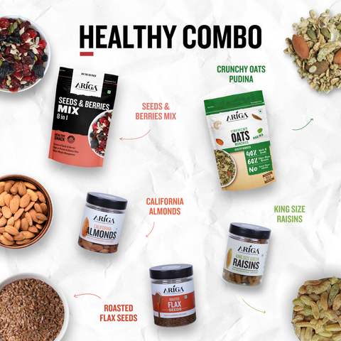Ariga Foods 5 combo pack showing seeds & berries-oats-almonds-raisins and flax seeds healthy snack
