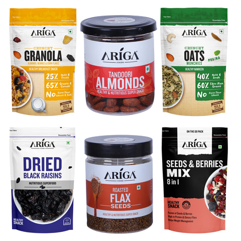 Ariga Foods granola corn flakes combo pack with tandoori almonds, black raisins, oats and berries seeds mix