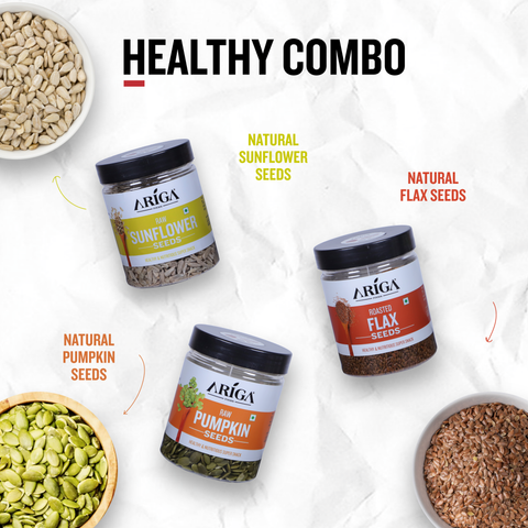 Pumpkin sunflower flax seeds combo showing natural healthy seeds mix