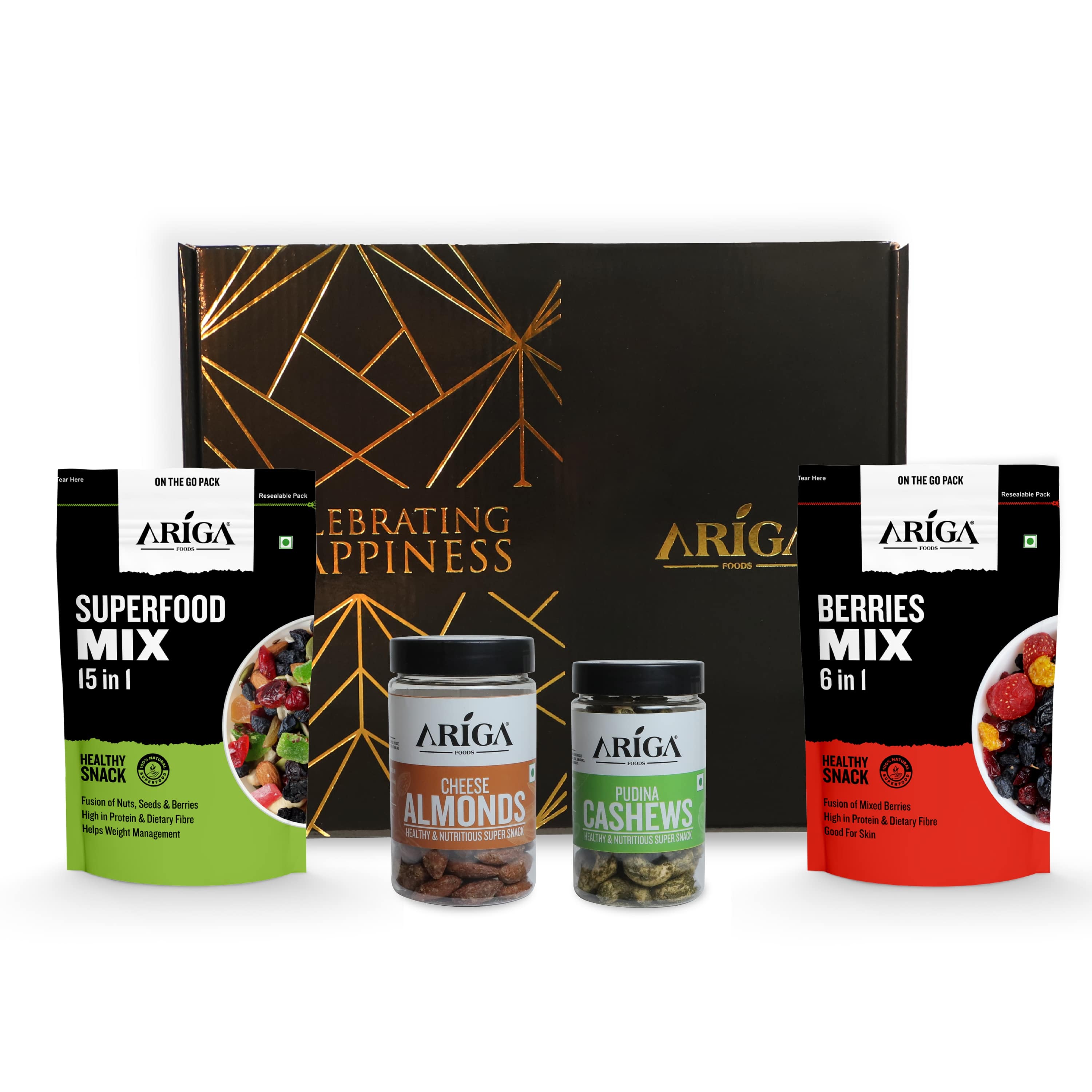 Gratitude Diwali Gift Box Pack Of 4 | Roasted- Cheese Almonds, Pudina Cashews, Superfood Trail Mix- 15 in 1, Dried Berries Mix- 6 in 1 | Premium Gift Pack Of 680g | For Family, Friends, Corporates | Ariga Foods