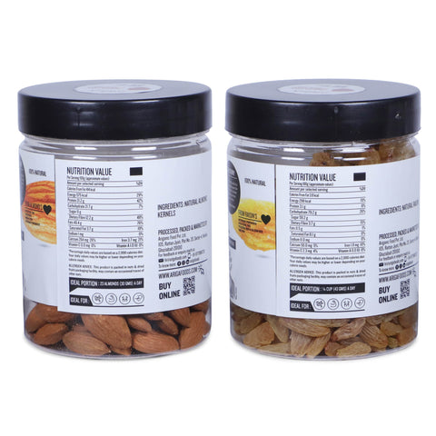 Ariga Foods Natural California Almonds (Badam)- 200g and Raisins (Kishmish)- 250g | Dry Fruits Combo Pack 450g | Mixed Nuts