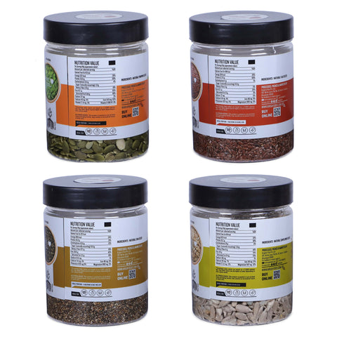 Ariga Foods Raw Seeds Combo For Eating | 100% Premium Quality Pumpkin, Flax, Chia and Sunflower Seeds 850g | Mixed Seeds | Diet Snack