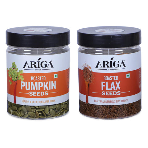 Ariga Foods Roasted Seeds Combo For Eating | 100% Premium Quality Pumpkin Seeds and Flax Seeds 400g | Mixed Seeds | Diet Snack
