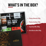 Almonds cashews berries superfood mix box showing assorted healthy dry fruits