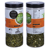 Premium raw pumpkin seeds 500g jar packaging by Ariga Foods healthy seeds