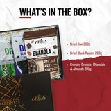 Dried kiwi black raisins and chocolate almonds granola box contents display