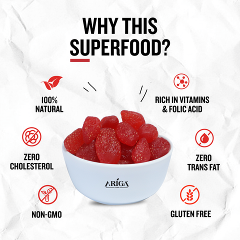 Dried strawberries showing natural texture and rich red color