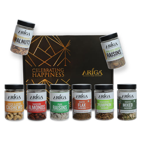Dry fruits gifting box with almonds raisins seeds healthy snack combo