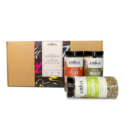 Roasted flax seeds and masala pumpkin seeds in gifting box