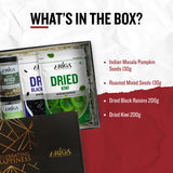 Healthy snack box with pumpkin seeds mixed seeds black raisins dried kiwi assortment