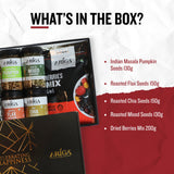 Roasted seeds and berries mix box contents with healthy snack assortment