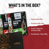 Superfood mix box contents with granola oats and dried berries assortment