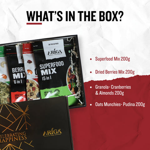 Superfood mix box contents with granola oats and dried berries assortment